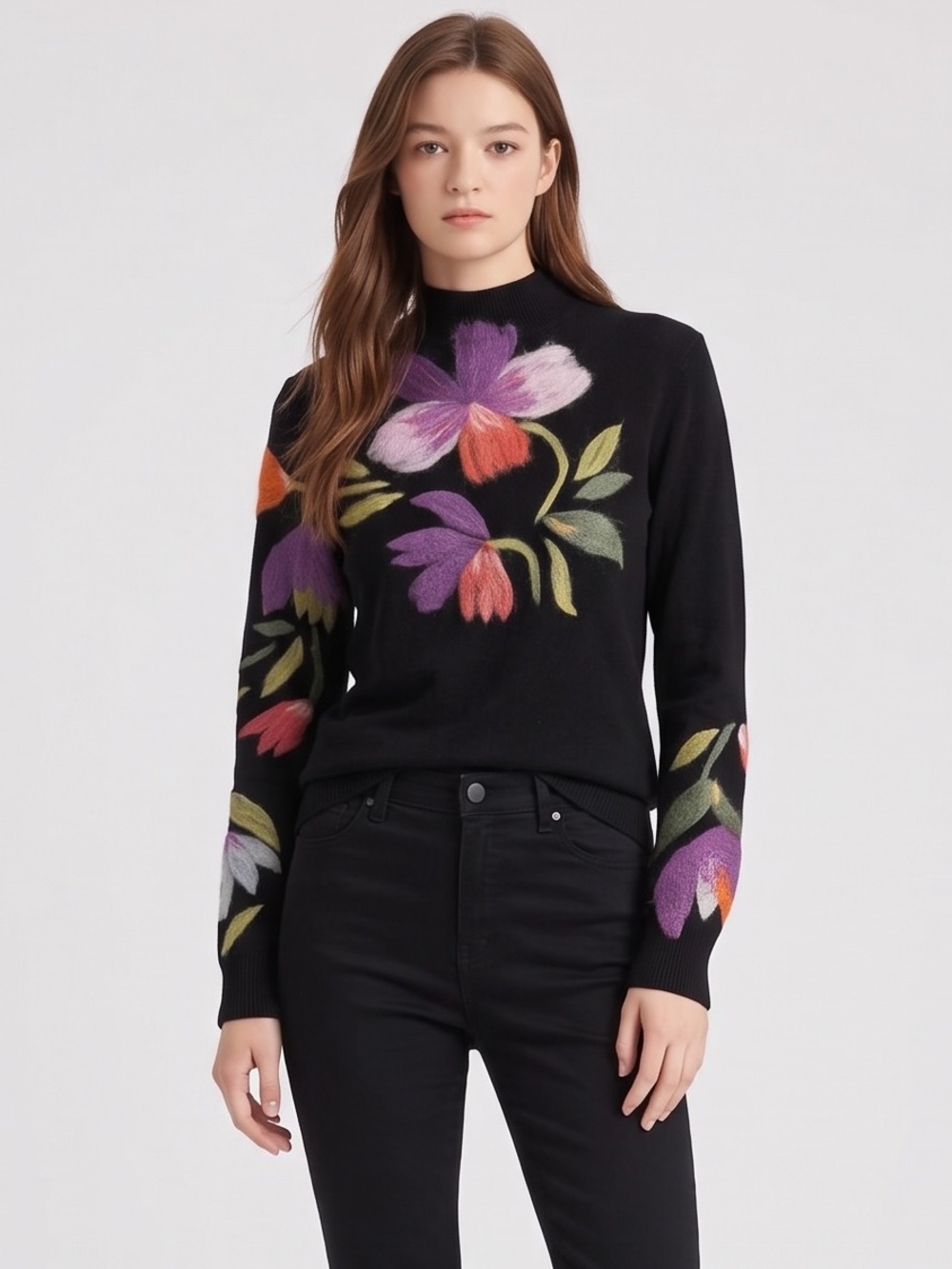 CABO Vintage Y2K Whimsical Black Floral Embroidery Crewneck Sweater. S